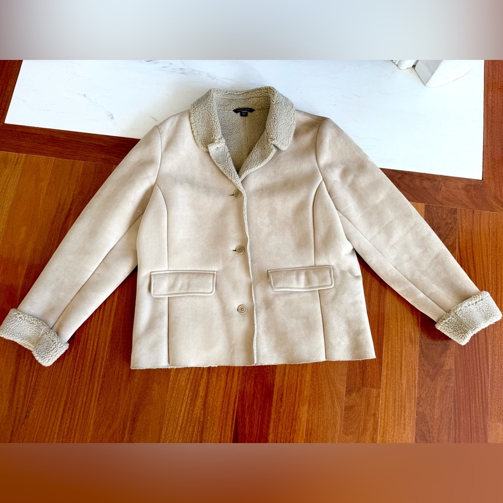 Women's Suede Sherpa Coat Jacket Lands End Cream FAUX Shearling Pea Coat Size L - Picture 3 of 16